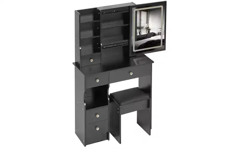 29.2-Inch Natural Makeup Vanity Desk with LED Mirror, Organized Storage, Hair Dryer Stand and Matching Stool for Small Spaces