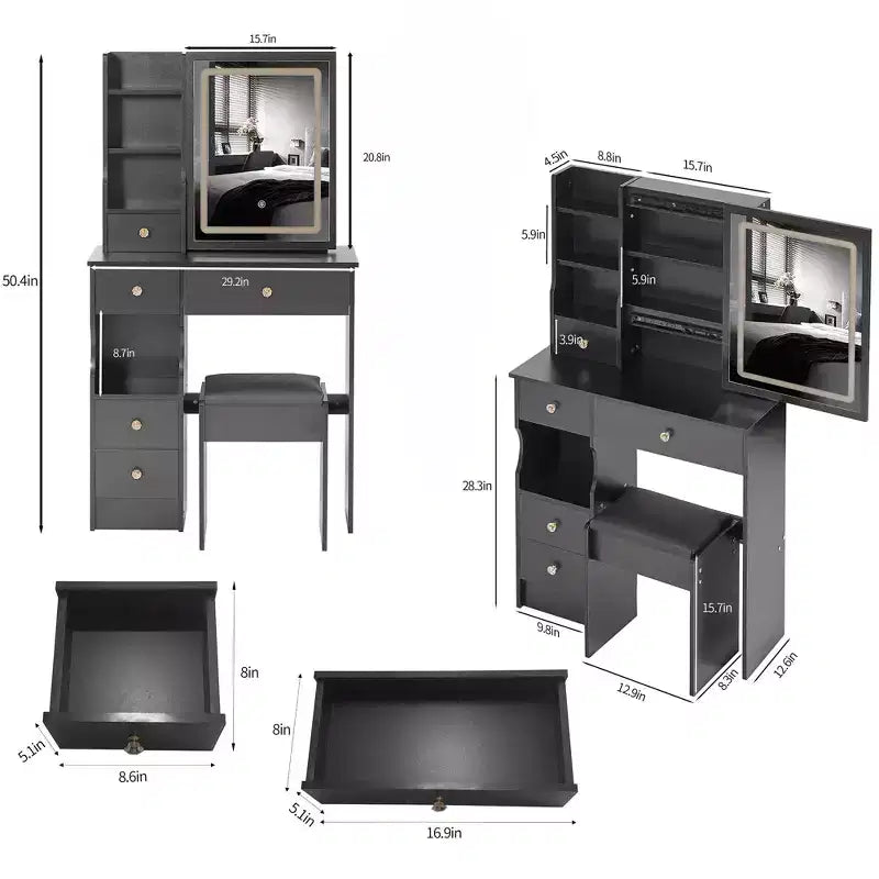 29.2-Inch Natural Makeup Vanity Desk with LED Mirror, Organized Storage, Hair Dryer Stand and Matching Stool for Small Spaces