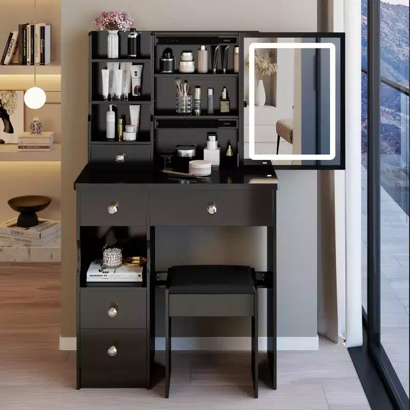 29.2-Inch Natural Makeup Vanity Desk with LED Mirror, Organized Storage, Hair Dryer Stand and Matching Stool for Small Spaces