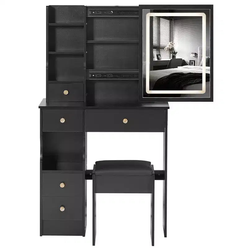 29.2-Inch Natural Makeup Vanity Desk with LED Mirror, Organized Storage, Hair Dryer Stand and Matching Stool for Small Spaces