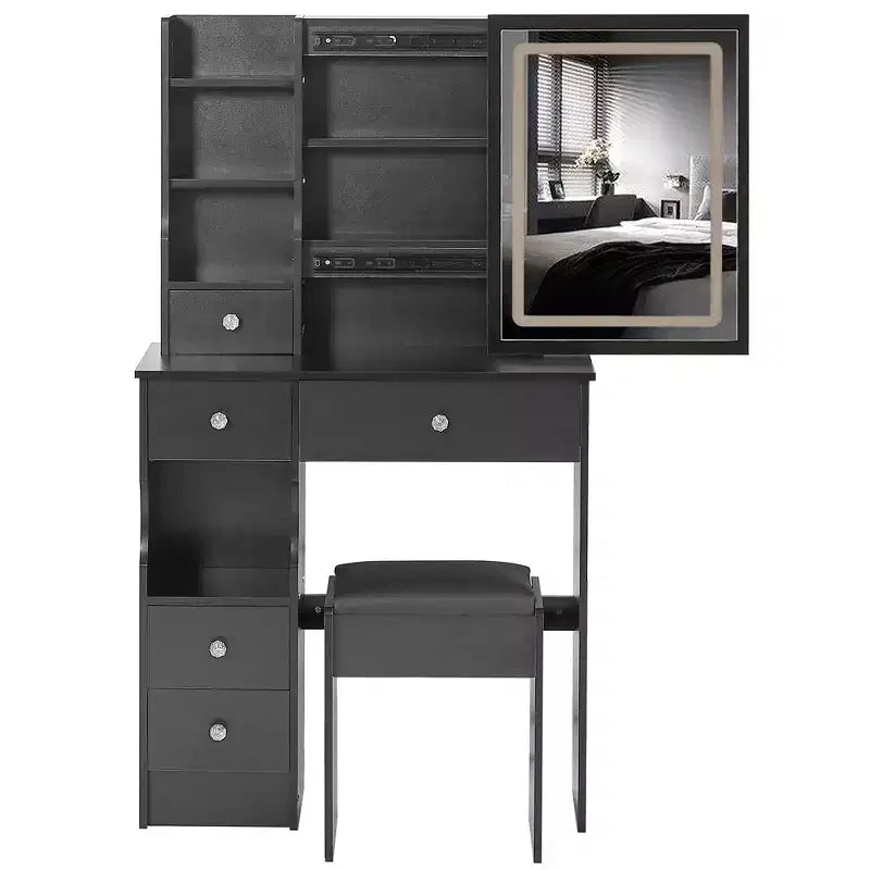 29.2-Inch Natural Makeup Vanity Desk with LED Mirror, Organized Storage, Hair Dryer Stand and Matching Stool for Small Spaces