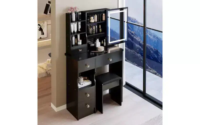 29.2-Inch Natural Makeup Vanity Desk with LED Mirror, Organized Storage, Hair Dryer Stand and Matching Stool for Small Spaces