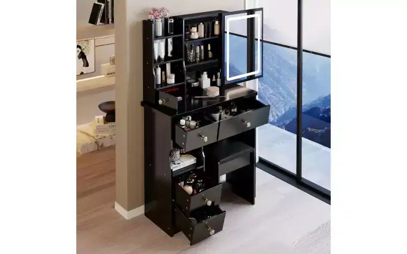 29.2-Inch Natural Makeup Vanity Desk with LED Mirror, Organized Storage, Hair Dryer Stand and Matching Stool for Small Spaces