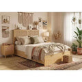Coolmee Rattan Bed Frame with Natural Rattan Headboard,Bed Frame with LED Lights,Rattan Bed Frame with Headboard, Wood Foundation with Silent Slats