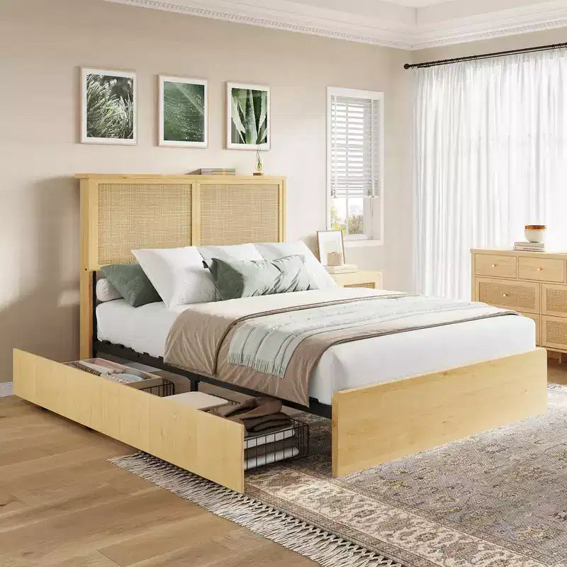 Coolmee Rattan Bed Frame with Natural Rattan Headboard,Bed Frame with LED Lights,Rattan Bed Frame with Headboard, Wood Foundation with Silent Slats
