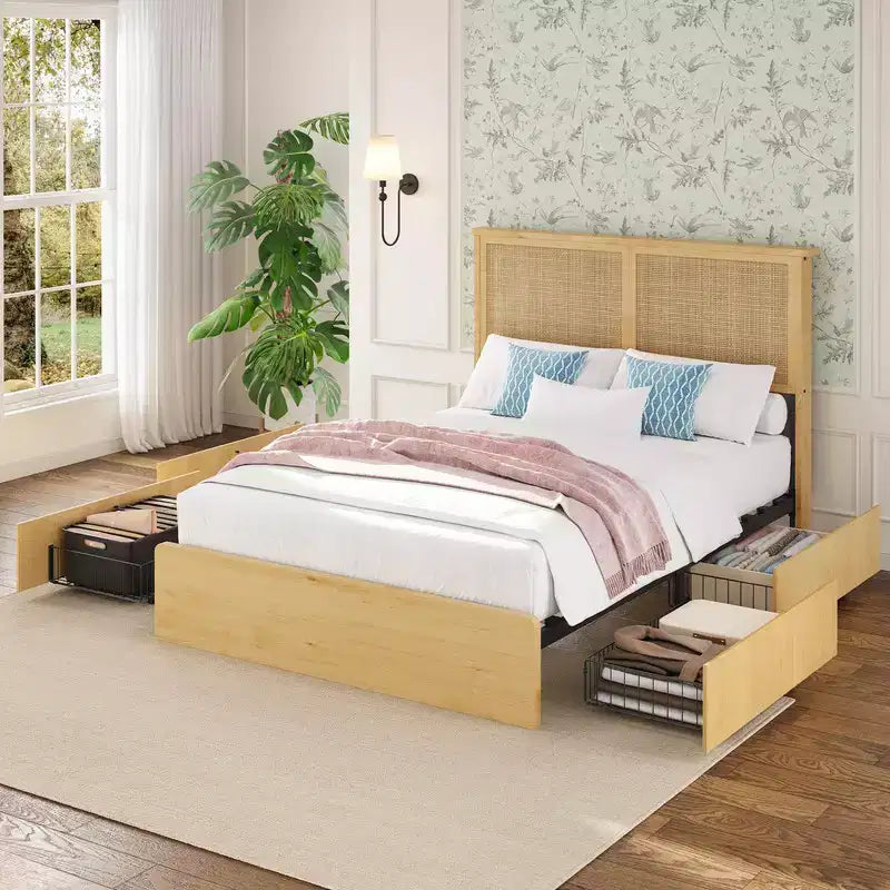 Coolmee Rattan Bed Frame with Natural Rattan Headboard,Bed Frame with LED Lights,Rattan Bed Frame with Headboard, Wood Foundation with Silent Slats