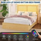 Coolmee Rattan Bed Frame with Natural Rattan Headboard,Bed Frame with LED Lights,Rattan Bed Frame with Headboard, Wood Foundation with Silent Slats