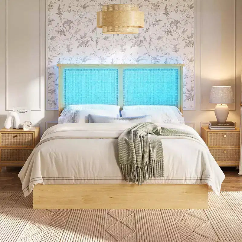 Coolmee Rattan Bed Frame with Natural Rattan Headboard,Bed Frame with LED Lights,Rattan Bed Frame with Headboard, Wood Foundation with Silent Slats