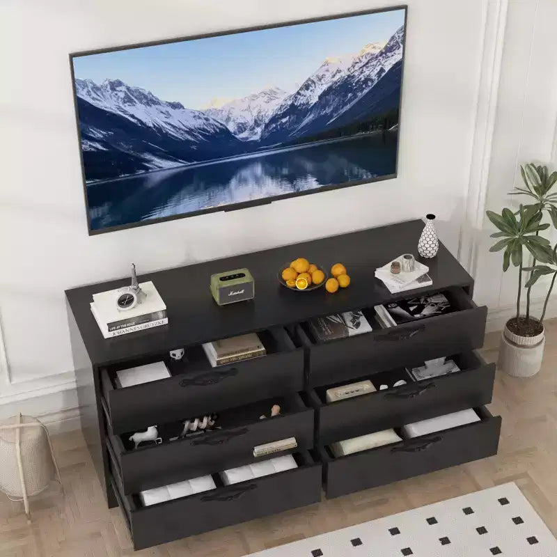 TV Stand with Mount for 32-75 Inch TVs, 6-Drawer Wood Entertainment Center, Adjustable Media Console Storage for Living Room Bedroom