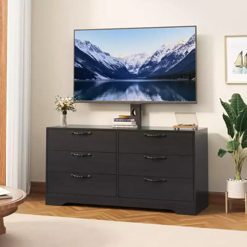 TV Stand with Mount for 32-75 Inch TVs, 6-Drawer Wood Entertainment Center, Adjustable Media Console Storage for Living Room Bedroom