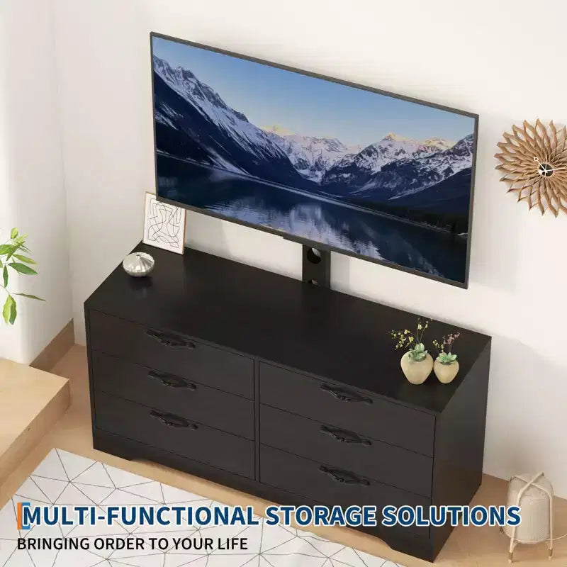 TV Stand with Mount for 32-75 Inch TVs, 6-Drawer Wood Entertainment Center, Adjustable Media Console Storage for Living Room Bedroom