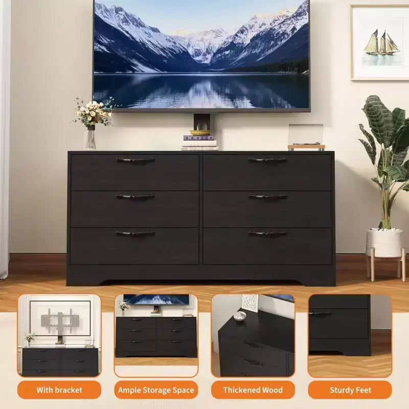 TV Stand with Mount for 32-75 Inch TVs, 6-Drawer Wood Entertainment Center, Adjustable Media Console Storage for Living Room Bedroom