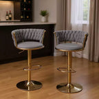 HomeRoots Set of Two Gray and Gold Velvet and Metal Low Back Adjustable Height Swivel Bar Chairs