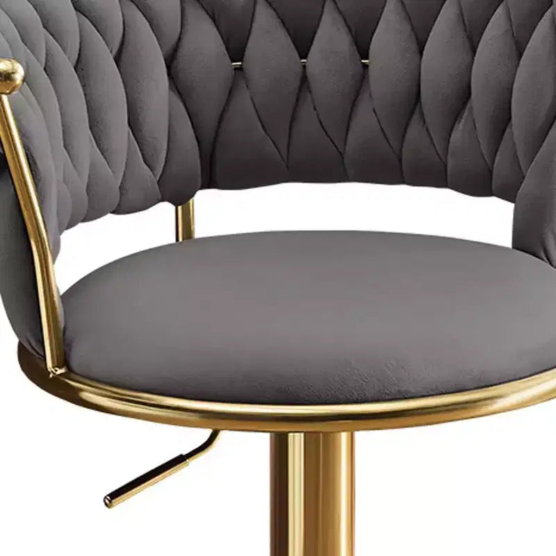 HomeRoots Set of Two Gray and Gold Velvet and Metal Low Back Adjustable Height Swivel Bar Chairs