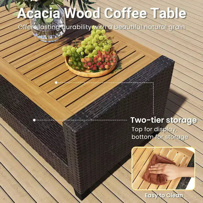 Ensemble de conversation de patio extérieur en osier tout temps 4 pièces avec coussins beiges et table en bois d'acacia