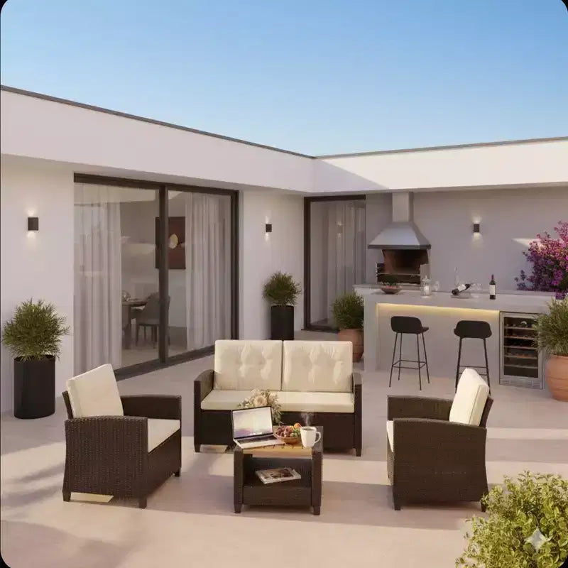 Ensemble de conversation de patio extérieur en osier tout temps 4 pièces avec coussins beiges et table en bois d'acacia