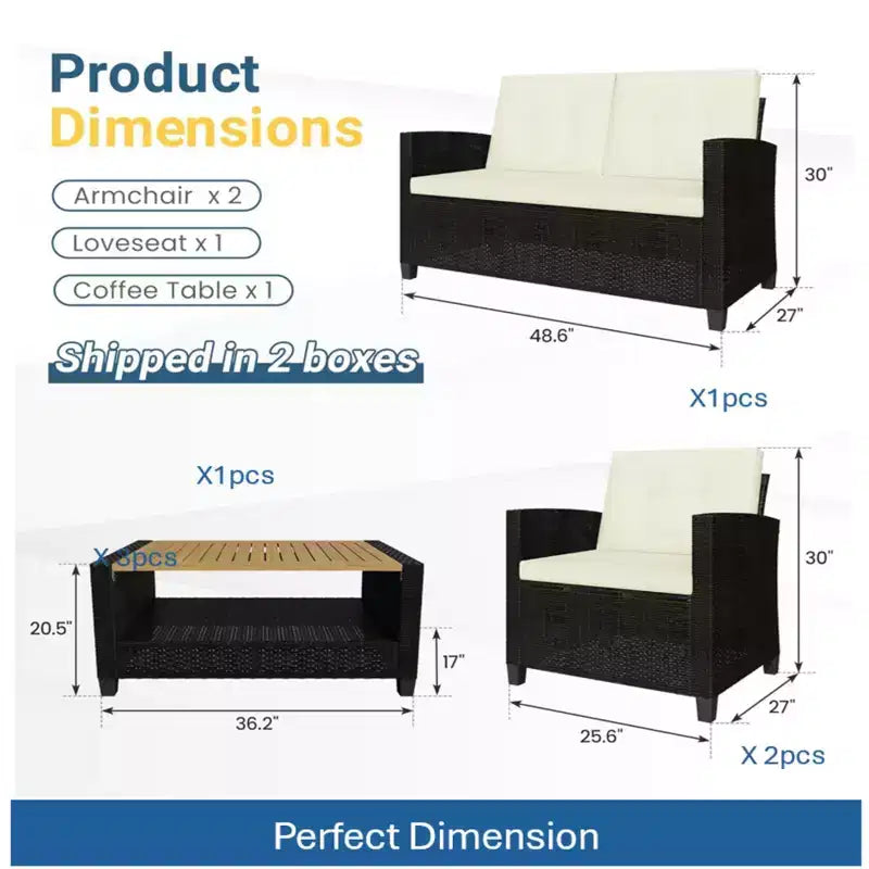 Ensemble de conversation de patio extérieur en osier tout temps 4 pièces avec coussins beiges et table en bois d'acacia