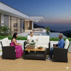 Ensemble de conversation de patio extérieur en osier tout temps 4 pièces avec coussins beiges et table en bois d'acacia