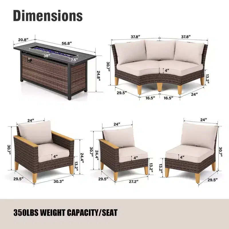 Captiva Designs 9pc Outdoor Wicker Rattan Patio Half-Moon Curved Sectional Sofa Conversation Set with Fire Pit Table