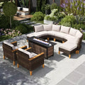 Captiva Designs 10pc Outdoor Wicker Rattan Patio Half-Moon Curved Sectional Sofa Conversation Set with Fire Pit Table