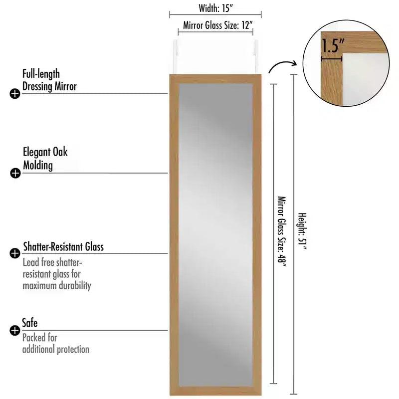 Miroir de porte Americanflat - Miroir de porte pour chambre à coucher, salle de bain, dortoir, grand miroir de corps entier avec crochet et verre incassable - Chêne