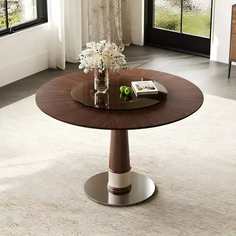 GDFStudio Emily 47-Inch Solid Wood Round Dining Table with Tempered Glass Lazy Susan and Stainless Steel Base