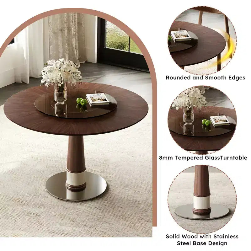 GDFStudio Emily 47-Inch Solid Wood Round Dining Table with Tempered Glass Lazy Susan and Stainless Steel Base