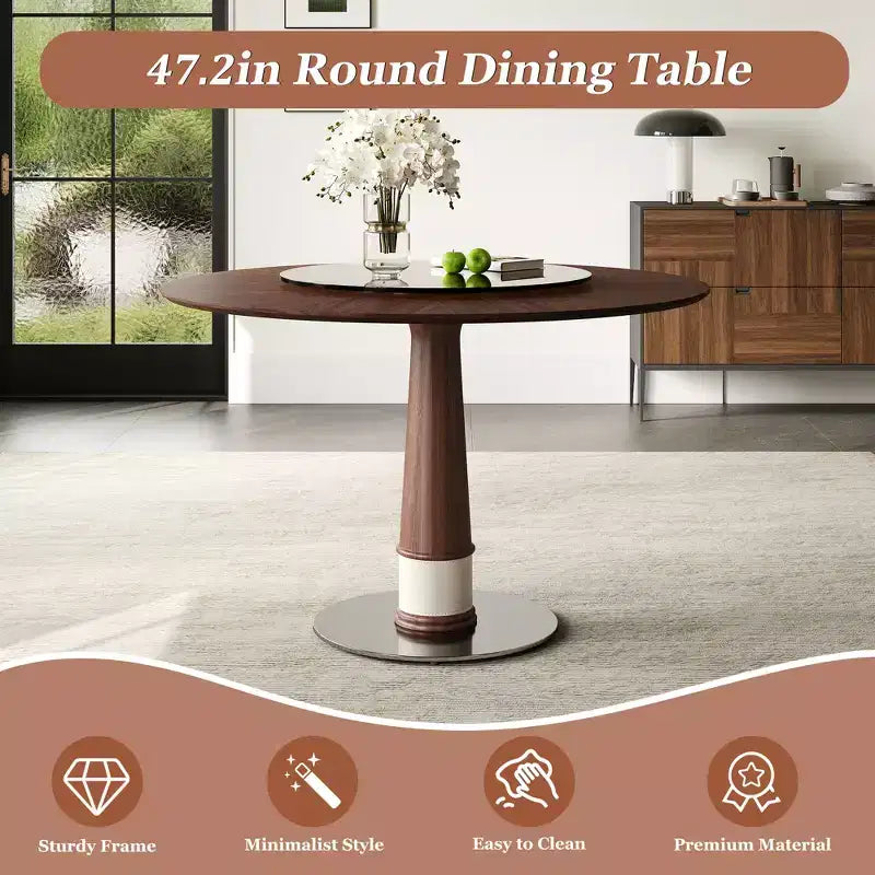 GDFStudio Emily 47-Inch Solid Wood Round Dining Table with Tempered Glass Lazy Susan and Stainless Steel Base