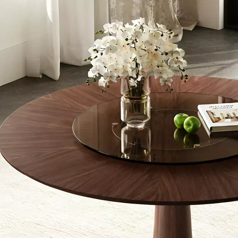 GDFStudio Emily 47-Inch Solid Wood Round Dining Table with Tempered Glass Lazy Susan and Stainless Steel Base