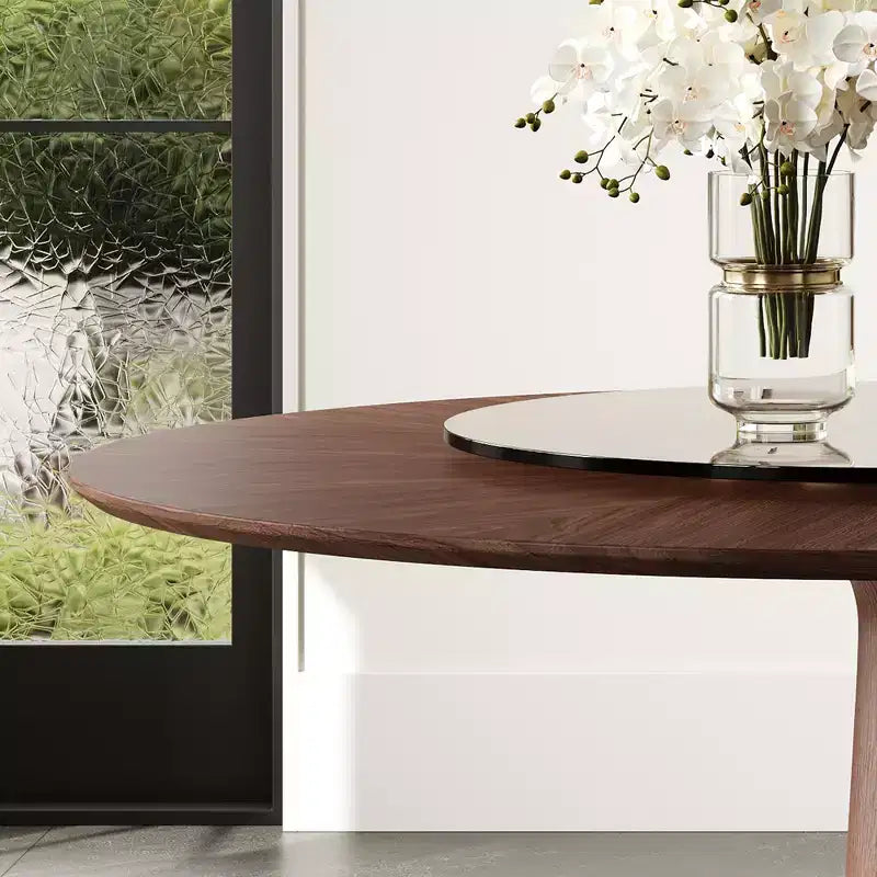 GDFStudio Emily 47-Inch Solid Wood Round Dining Table with Tempered Glass Lazy Susan and Stainless Steel Base