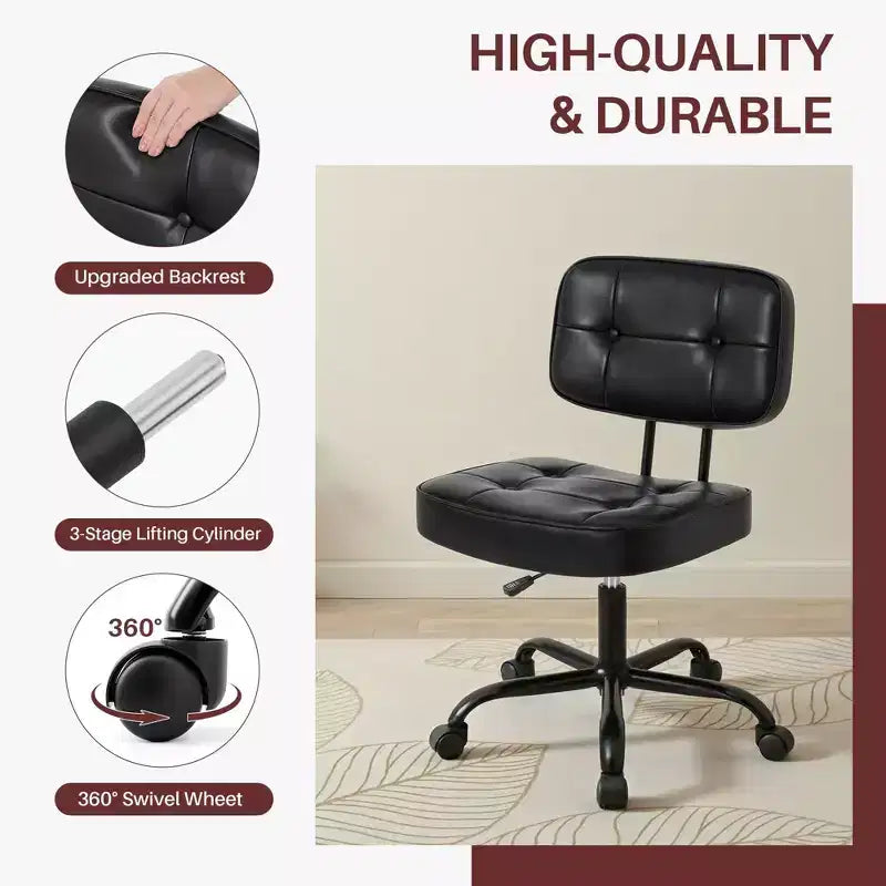 Chaise de bureau ergonomique sans accoudoirs JIONJOY, chaise de bureau en cuir PU avec coussin épaissi, chaise roulante pour petits espaces, dortoirs et bureaux à domicile