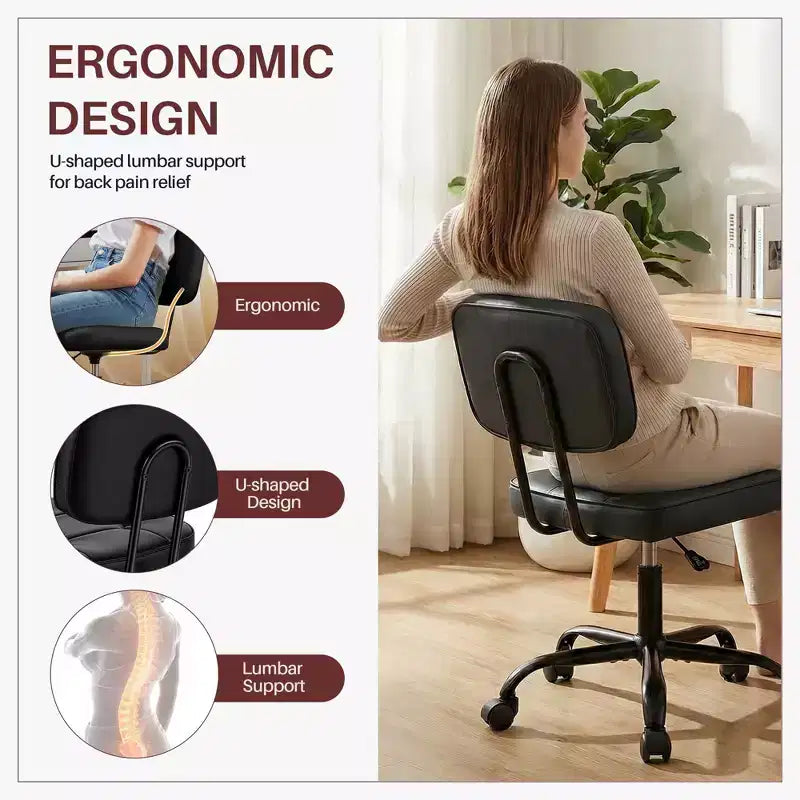 Chaise de bureau ergonomique sans accoudoirs JIONJOY, chaise de bureau en cuir PU avec coussin épaissi, chaise roulante pour petits espaces, dortoirs et bureaux à domicile