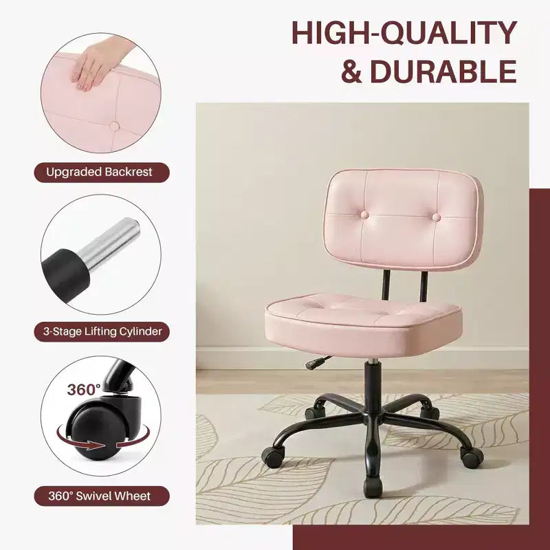 Chaise de bureau ergonomique sans accoudoirs JIONJOY, chaise de bureau en cuir PU avec coussin épaissi, chaise roulante pour petits espaces, dortoirs et bureaux à domicile