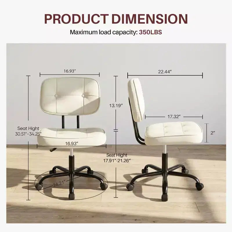 Chaise de bureau ergonomique sans accoudoirs JIONJOY, chaise de bureau en cuir PU avec coussin épaissi, chaise roulante pour petits espaces, dortoirs et bureaux à domicile
