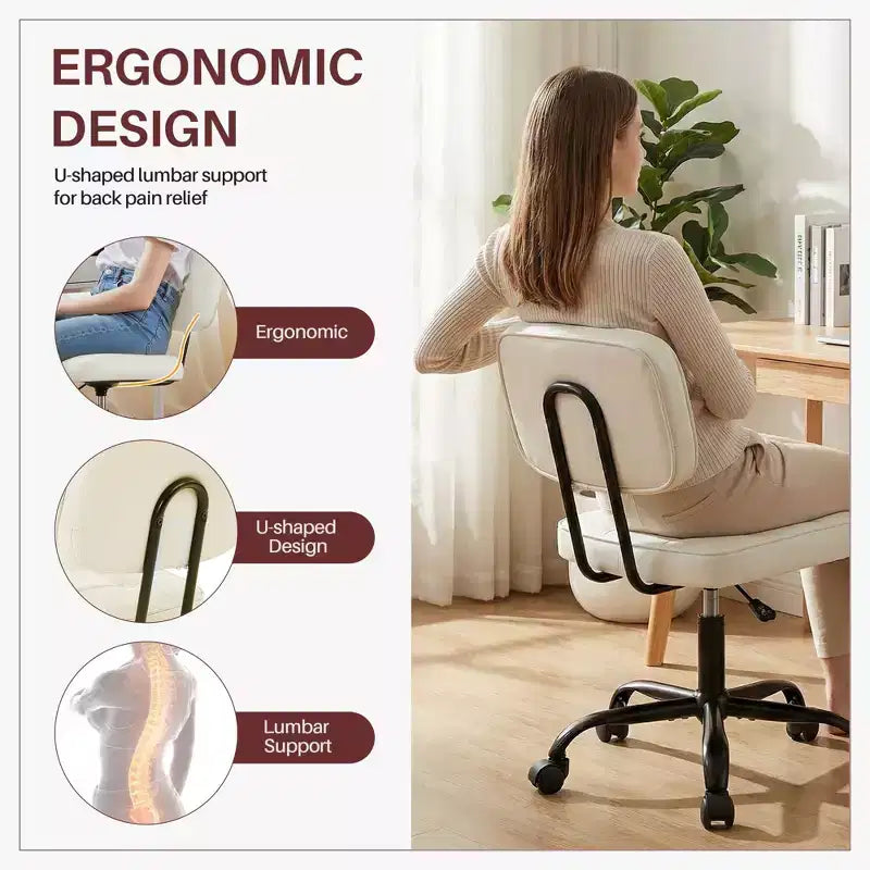 Chaise de bureau ergonomique sans accoudoirs JIONJOY, chaise de bureau en cuir PU avec coussin épaissi, chaise roulante pour petits espaces, dortoirs et bureaux à domicile