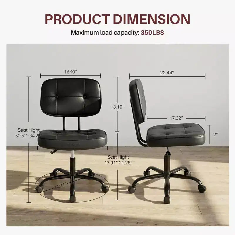 Chaise de bureau ergonomique sans accoudoirs JIONJOY, chaise de bureau en cuir PU avec coussin épaissi, chaise roulante pour petits espaces, dortoirs et bureaux à domicile