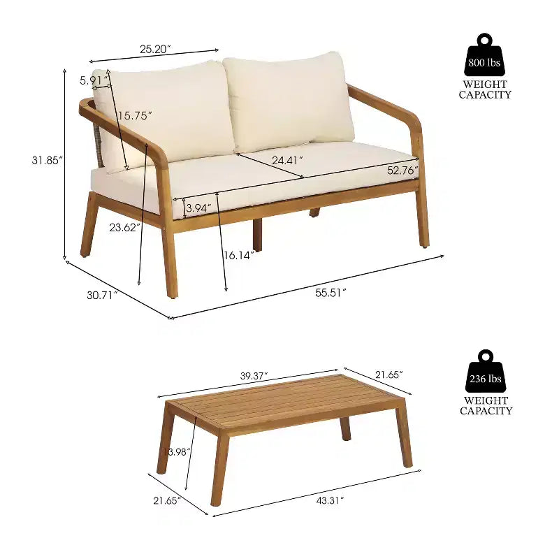 Christopher Knight Home Nolan Ensemble de conversation 2 pièces en bois d'acacia et osier avec table basse et coussins