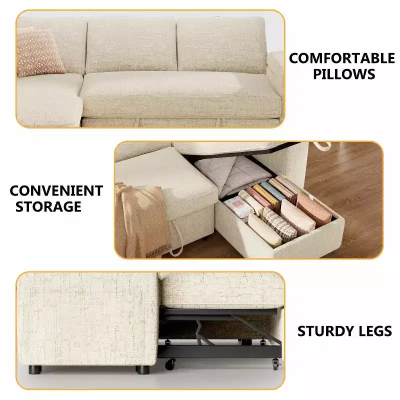 Canapé-lit Dyonery 82, canapé inclinable en forme de L 3-en-1 avec chaise longue de rangement réversible, assemblage sans outils