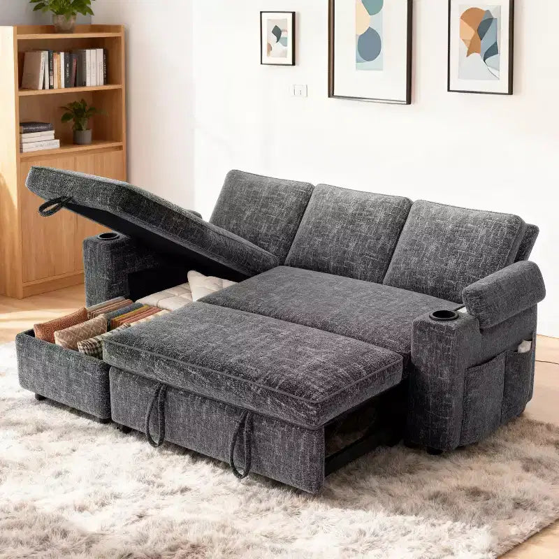 Canapé-lit Dyonery 82, canapé inclinable en forme de L 3-en-1 avec chaise longue de rangement réversible, assemblage sans outils