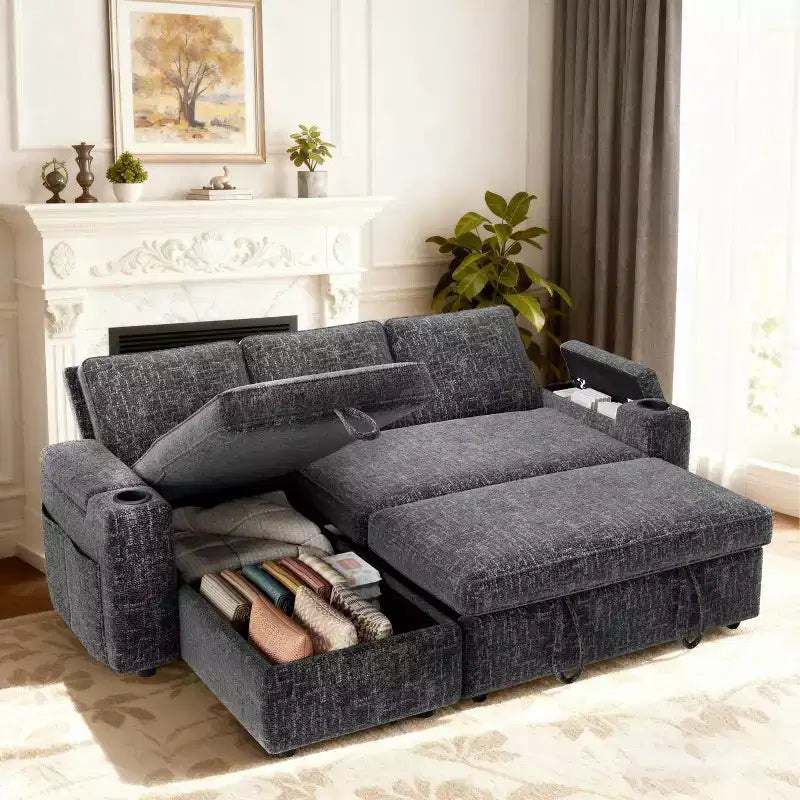 Canapé-lit Dyonery 82, canapé inclinable en forme de L 3-en-1 avec chaise longue de rangement réversible, assemblage sans outils