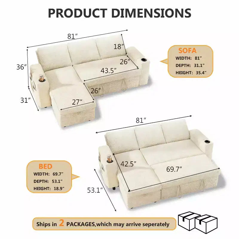Canapé-lit Dyonery 82, canapé inclinable en forme de L 3-en-1 avec chaise longue de rangement réversible, assemblage sans outils