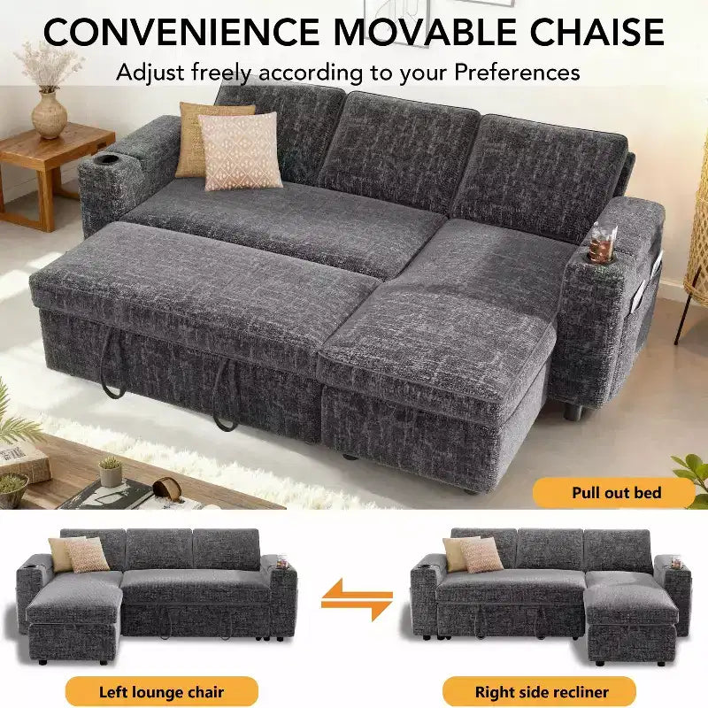 Canapé-lit Dyonery 82, canapé inclinable en forme de L 3-en-1 avec chaise longue de rangement réversible, assemblage sans outils