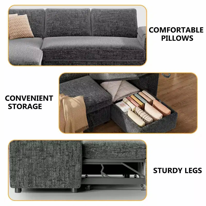 Canapé-lit Dyonery 82, canapé inclinable en forme de L 3-en-1 avec chaise longue de rangement réversible, assemblage sans outils