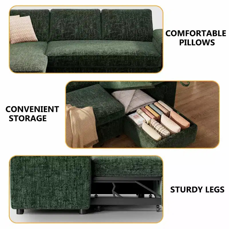 Canapé-lit Dyonery 82, canapé inclinable en forme de L 3-en-1 avec chaise longue de rangement réversible, assemblage sans outils