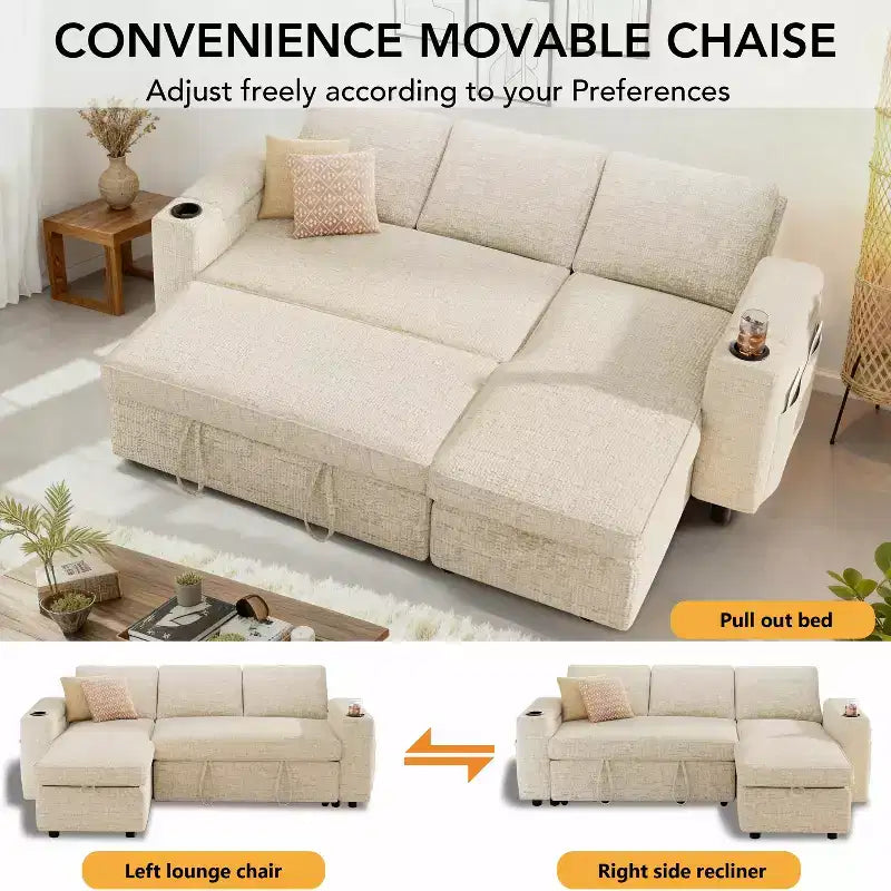 Canapé-lit Dyonery 82, canapé inclinable en forme de L 3-en-1 avec chaise longue de rangement réversible, assemblage sans outils