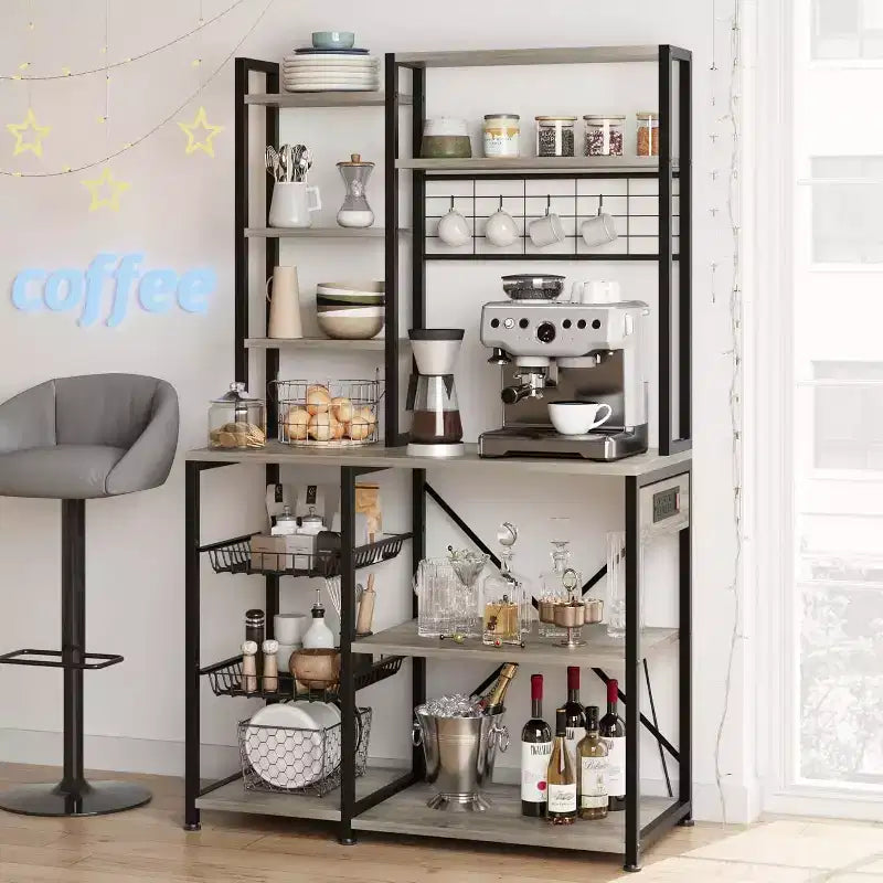 7-Tier Bakers Rack with Power Outlet  Large Microwave Stand & Coffee Bar  2 Wire Drawers, Hooks,Freestanding Kitchen Oven Shelf  For Kitchen