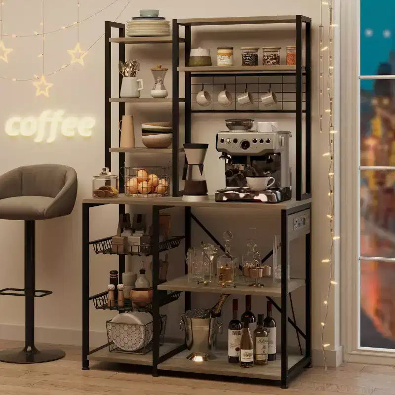 7-Tier Bakers Rack with Power Outlet  Large Microwave Stand & Coffee Bar  2 Wire Drawers, Hooks,Freestanding Kitchen Oven Shelf  For Kitchen