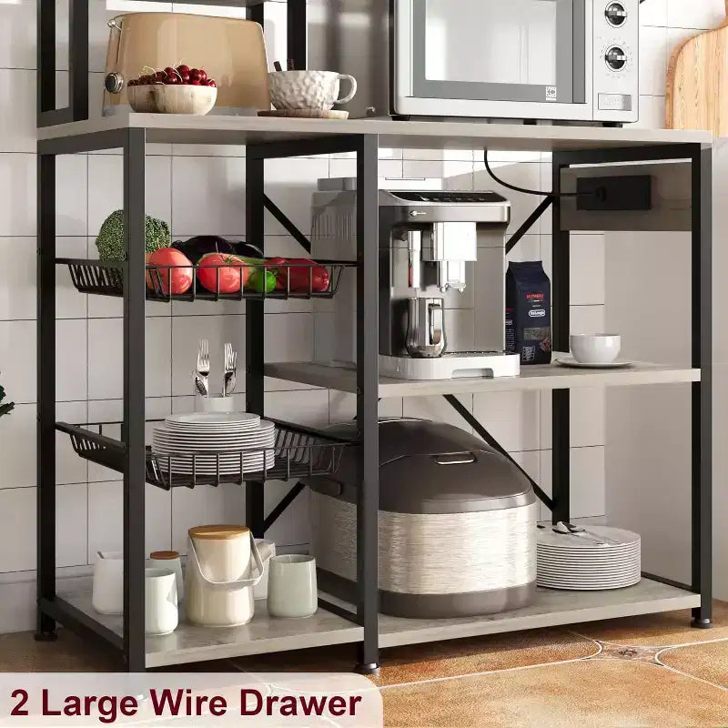 7-Tier Bakers Rack with Power Outlet  Large Microwave Stand & Coffee Bar  2 Wire Drawers, Hooks,Freestanding Kitchen Oven Shelf  For Kitchen