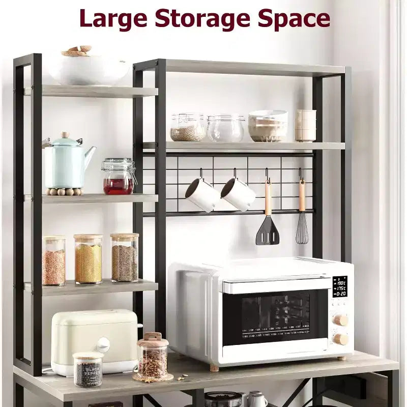 7-Tier Bakers Rack with Power Outlet  Large Microwave Stand & Coffee Bar  2 Wire Drawers, Hooks,Freestanding Kitchen Oven Shelf  For Kitchen