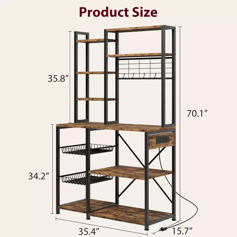 7-Tier Bakers Rack with Power Outlet  Large Microwave Stand & Coffee Bar  2 Wire Drawers, Hooks,Freestanding Kitchen Oven Shelf  For Kitchen